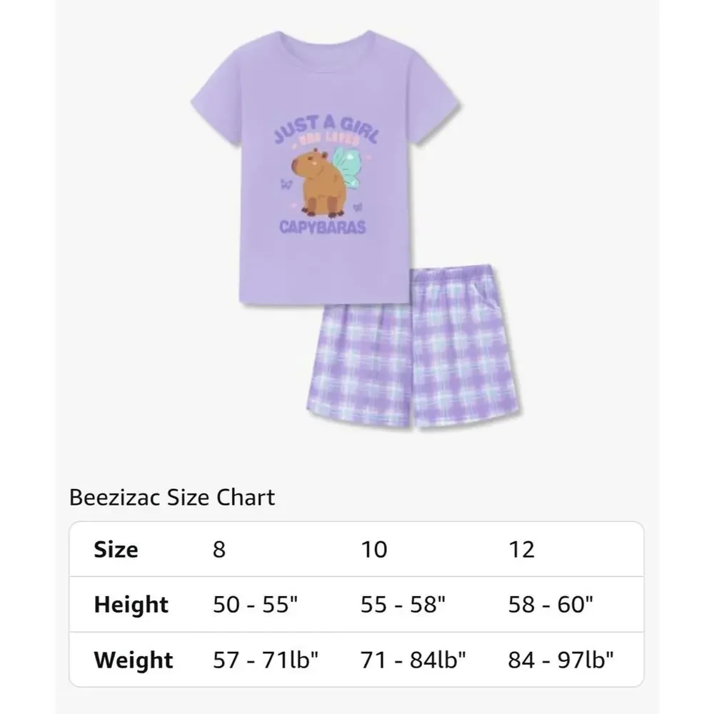 Purple Plaid Capybara Short Sleeves & Shorts Soft 2-Piece PJ Set Kid Jammies 10